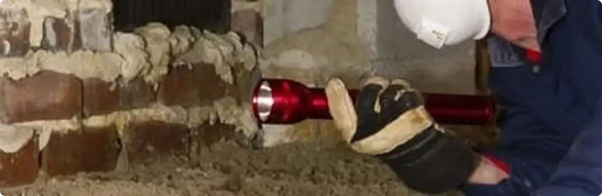 Pest control technician inspecting a crawl space for ant activity in Jber, AK