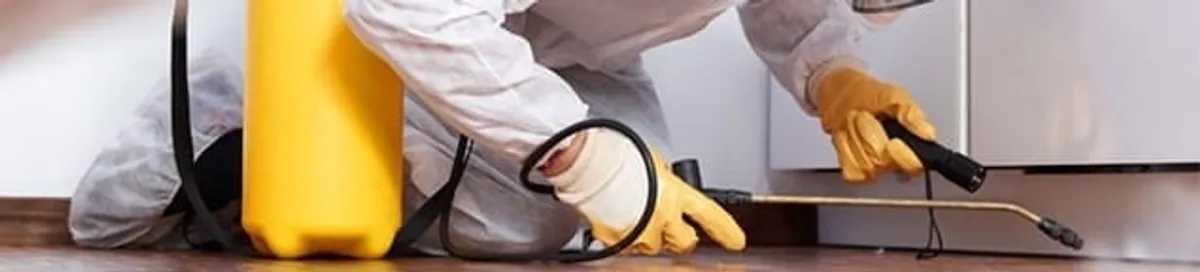 Roach exterminator treating cracks and crevices along kitchen baseboards in Anchorage, AK